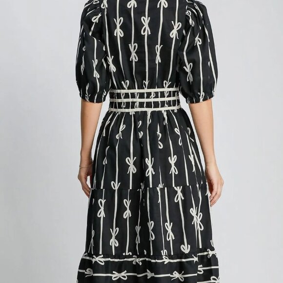 Umgee Bow Tie Print Notched Contrast Velvet Trim Midi Dress - Picture 2 of 4